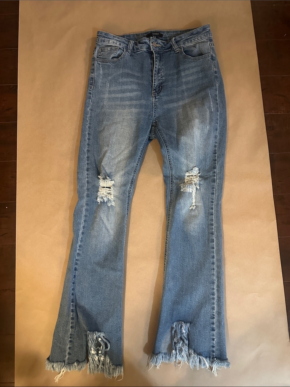 Forever 21 Light Blue Distressed Ripped Skinny Flare Jeans